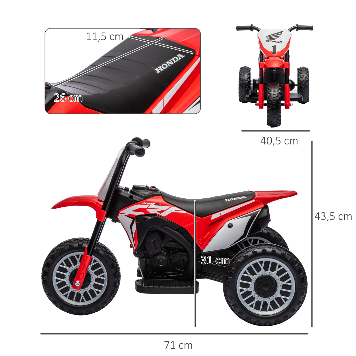 HOMCOM Elektro Kindermotorrad Honda, 3 km/h, Soundeffekte, für 18-36 Monate, Rot