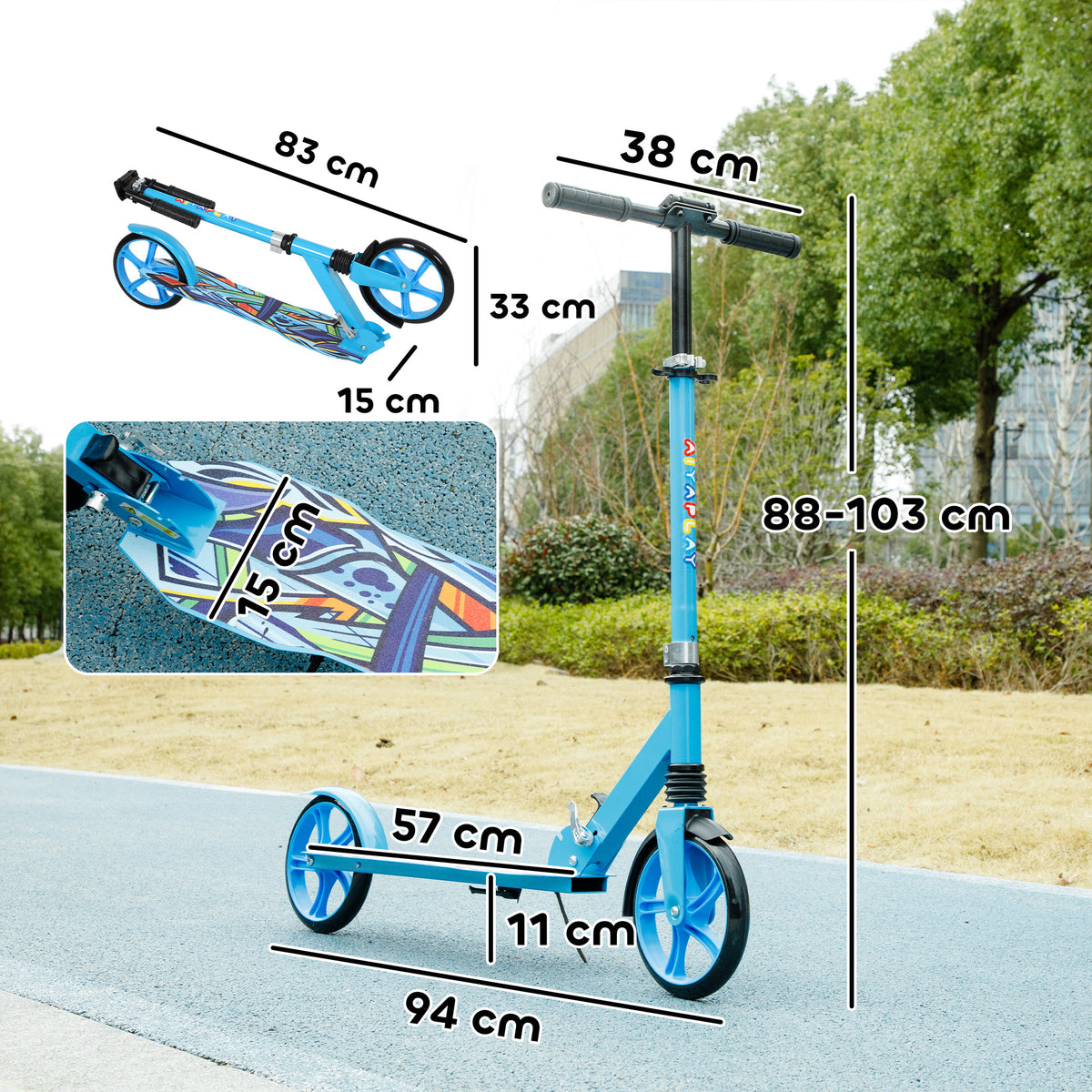 AIYAPLAY Tretroller, höhenverstellbar, Hinterradbremse, faltbar, 100 kg belastbar, Blau