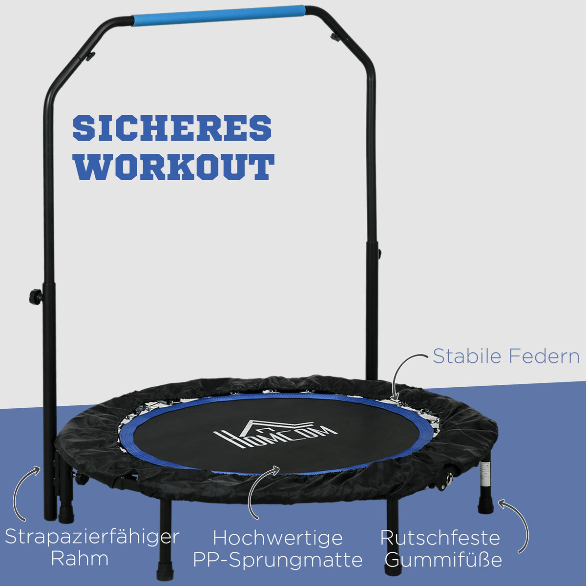 HOMCOM Fitnesstrampolin, klappbar, verstellbarer Haltegriff, Ø102x123H cm, bis 100 kg, Schwarz/Blau