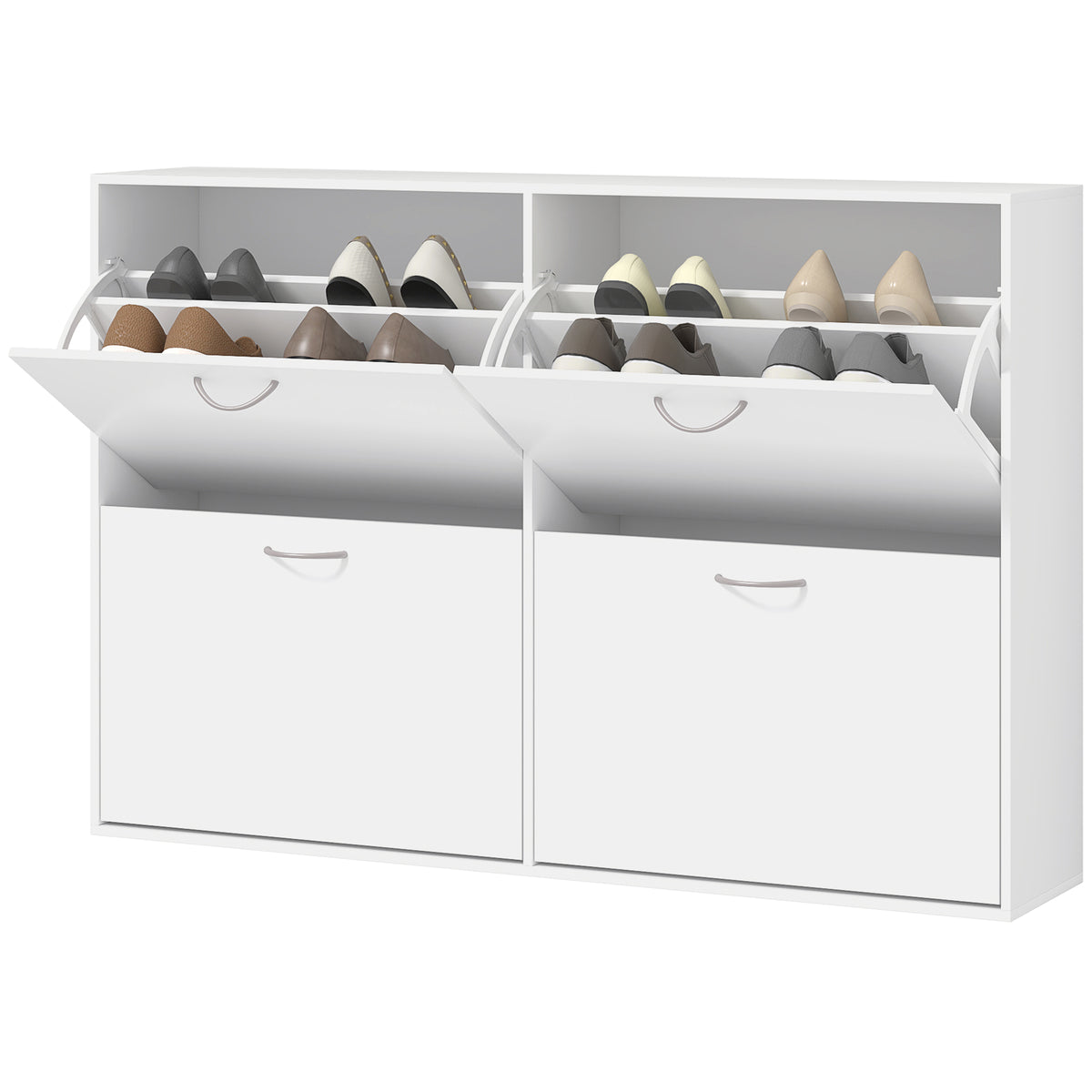 HOMCOM Schuhkipper Schuhschrank Schuhständer Schuhregal mit 4 Klappen 16–24 Paar Weiß 120 x 24 x 81 cm