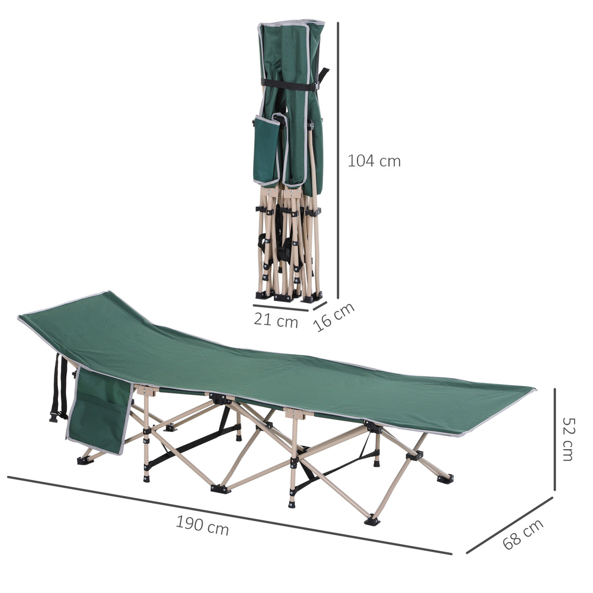 Outsunny Feldbett, Camping-Bett, klappbar, wetterbeständig, ink. Tragetasche, 190 cm x 68 cm x 52 cm, Grün + Beige
