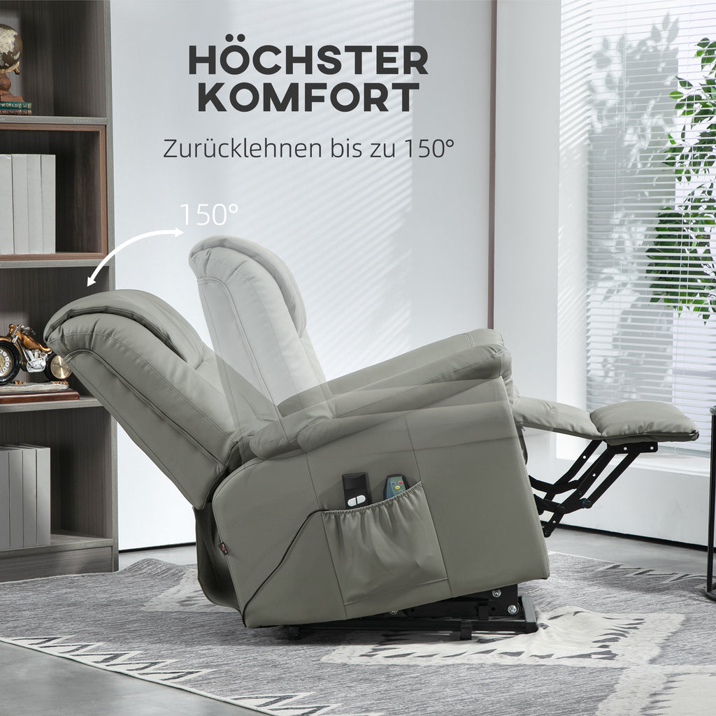 HOMCOM Relaxsessel mit Aufstehhilfe, Massage, Heizung, Kunstleder, 93x95x106 cm, Hellgrau