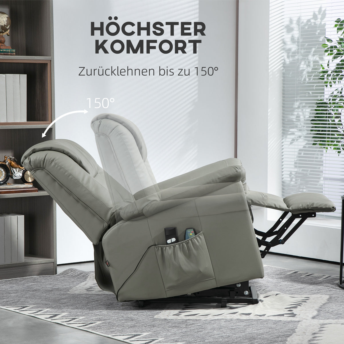 HOMCOM Relaxsessel mit Aufstehhilfe, Massage, Heizung, Kunstleder, 93x95x106 cm, Hellgrau