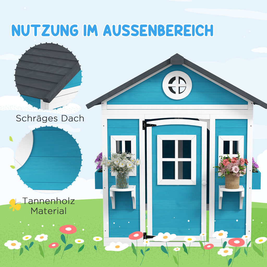 Outsunny Kinderspielhaus, Holz-Spielhaus für Kinder, Outdoor-Gartenspielhaus mit Fenstern, Blumentöpfe, 3-8 Jahre, Blau