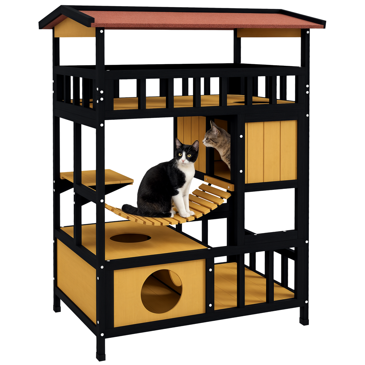 PawHut Katzenhaus, Katzenparadies mit Plattformen, Hängebrücke und Katzenhöhlen, für bis zu 2 Katzen geeignet, Holz