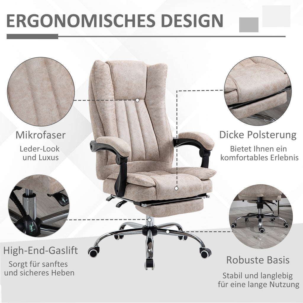 Vinsetto Bürostuhl Drehstuhl mit Liegefunktion Fußstütze Bürosessel Sitzhöhenverstellung Stuhl Schreibtischstuhl Mikrofaser Kunststoff Metall Nylon Beige+Schwarz+Silber 63 x 71 x 110-118 cm