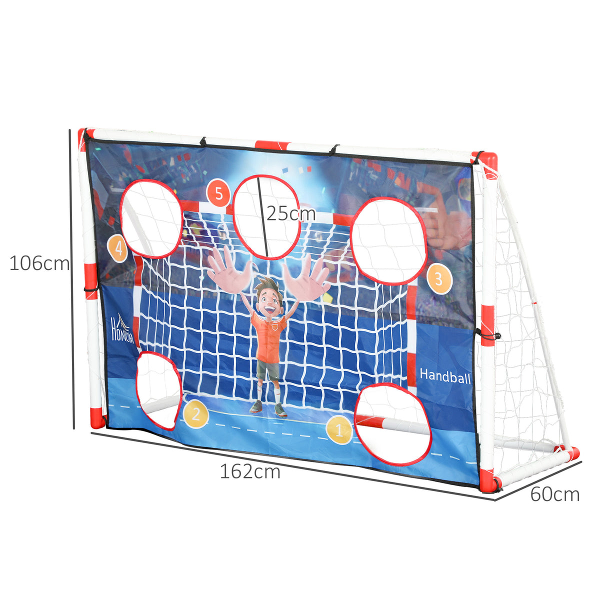 HOMCOM Handballtor für Kinder im Freien, Tor mit 5 Zielschießzonen, aufblasbarer Handball, Pumpe, 162 x 60 x 106 cm Weiß