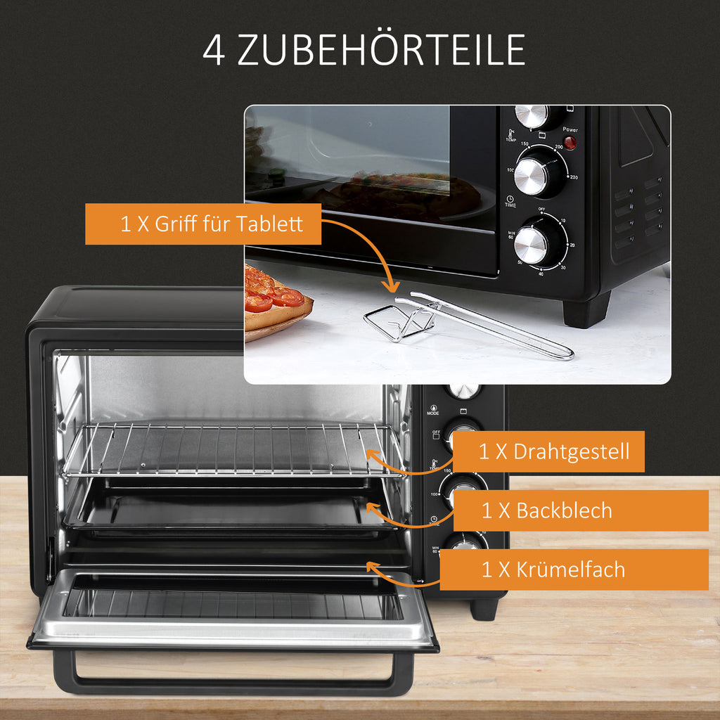 HOMCOM Mini-Ofen Toasterofen, 1 Backblech, 1 Grilrost, Timer-Funktion, Schwarz