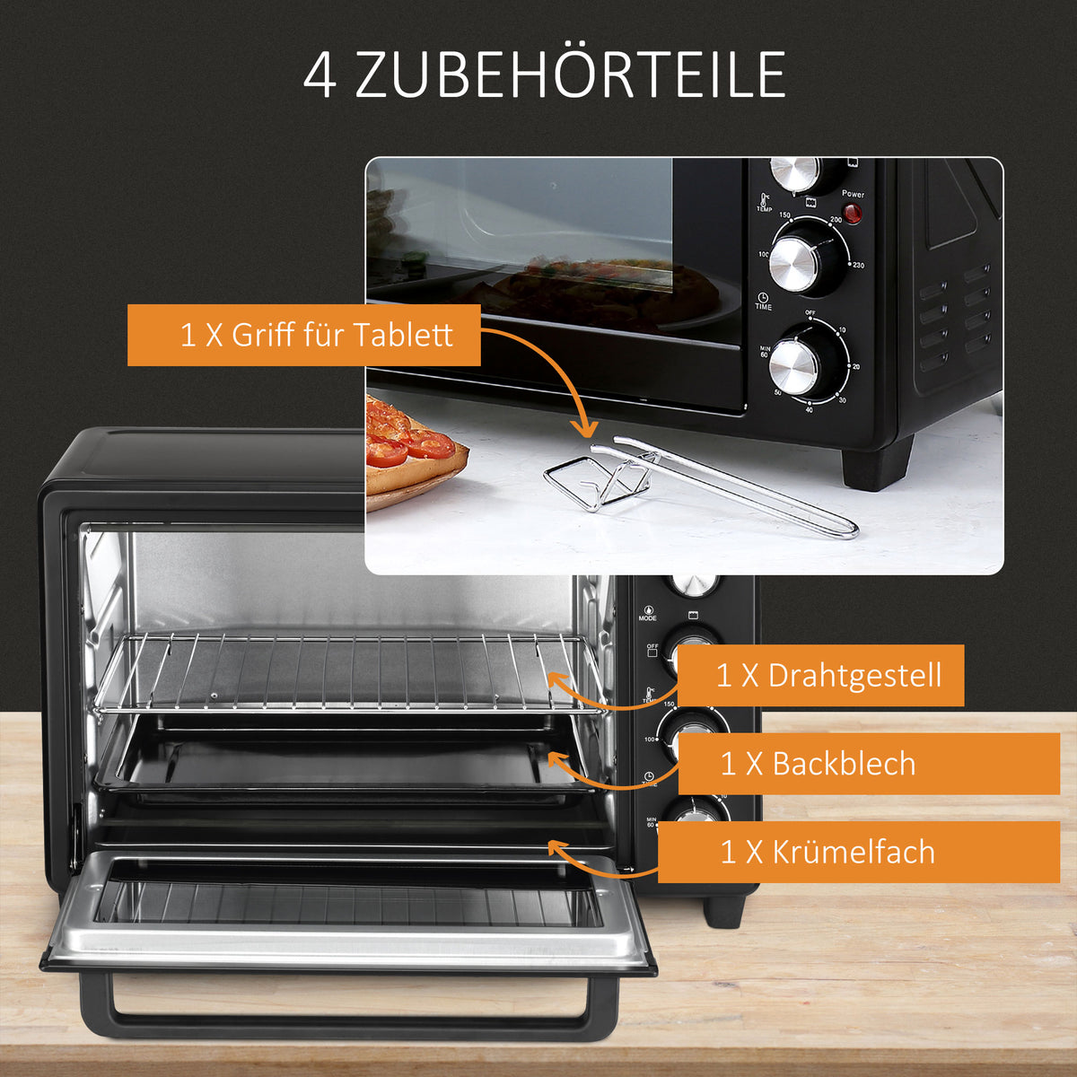 HOMCOM Mini-Ofen Toasterofen, 1 Backblech, 1 Grilrost, Timer-Funktion, Schwarz