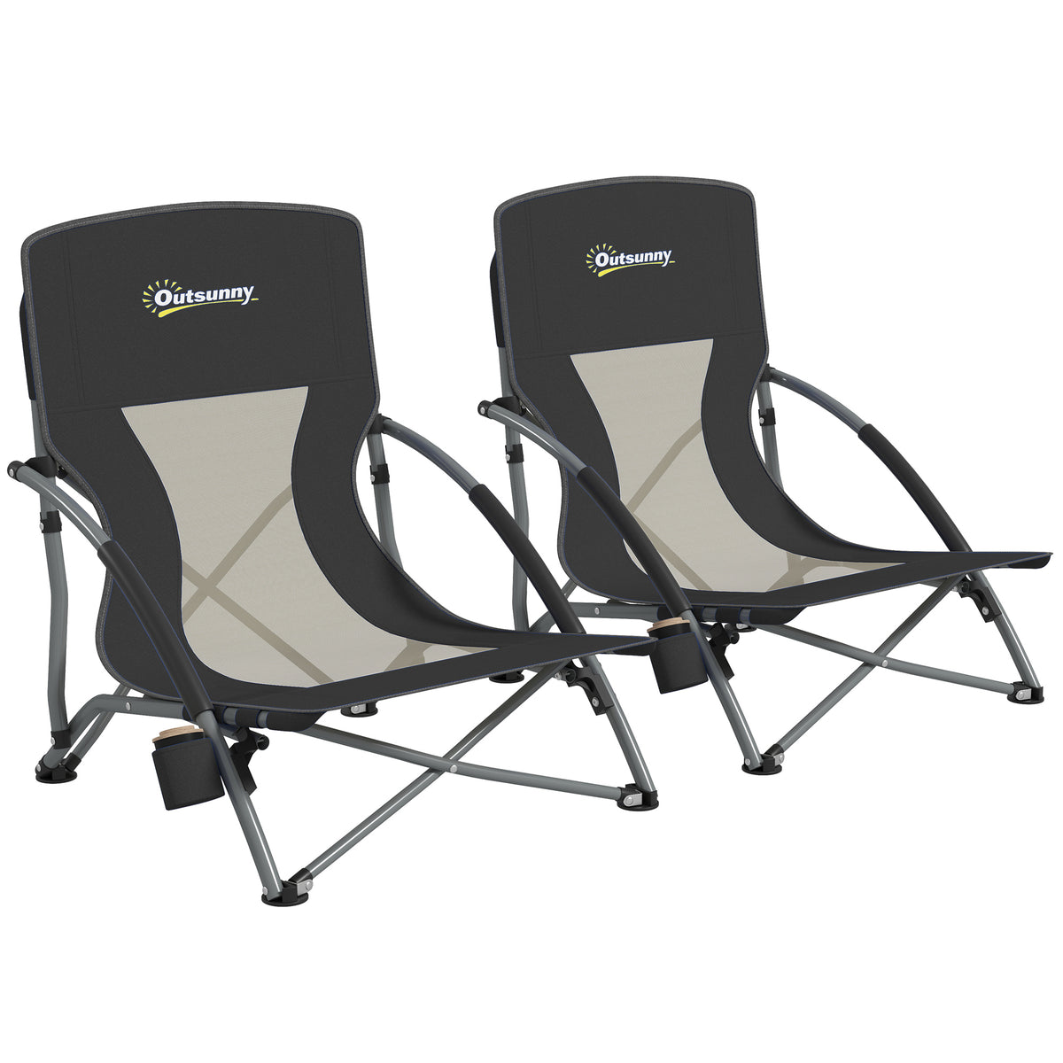 Outsunny Set von 2 klappbaren Strandstühlen, leichte Campingstühle mit Transporttasche und Becherhalter 58 x 55 x 62 cm Schwarz