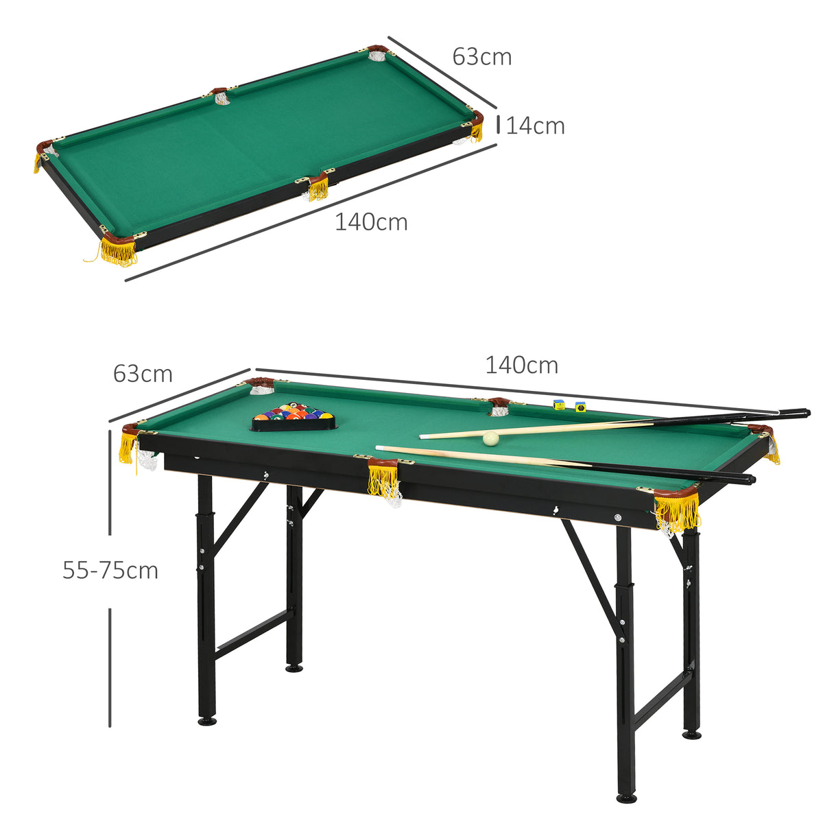 SPORTNOW Billardtisch, klappbar, höhenverstellbar, inkl. Dreieck/2 Queues/16 Kugeln, Grün