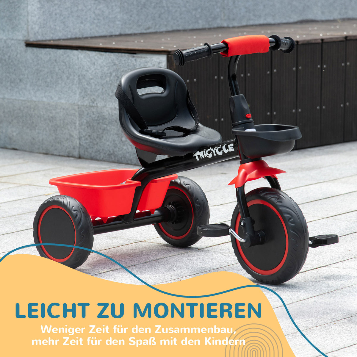 AIYAPLAY Kinderdreirad mit Beckengurt, 2 Körben, höhenverstellbarer Sitz, Metallrahmen, für Kinder 2-5 Jahre, schwarz+rot