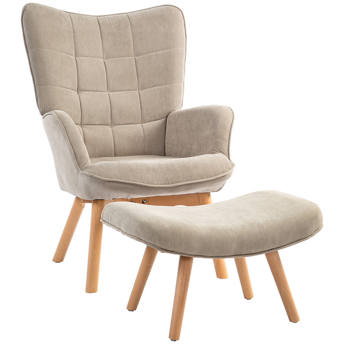 HOMCOM Akzentsessel mit Hocker, Relaxsessel in Cord-Optik, Armlehnstuhl mit Holzbeinen, für Wohnzimmer, Hellbraun
