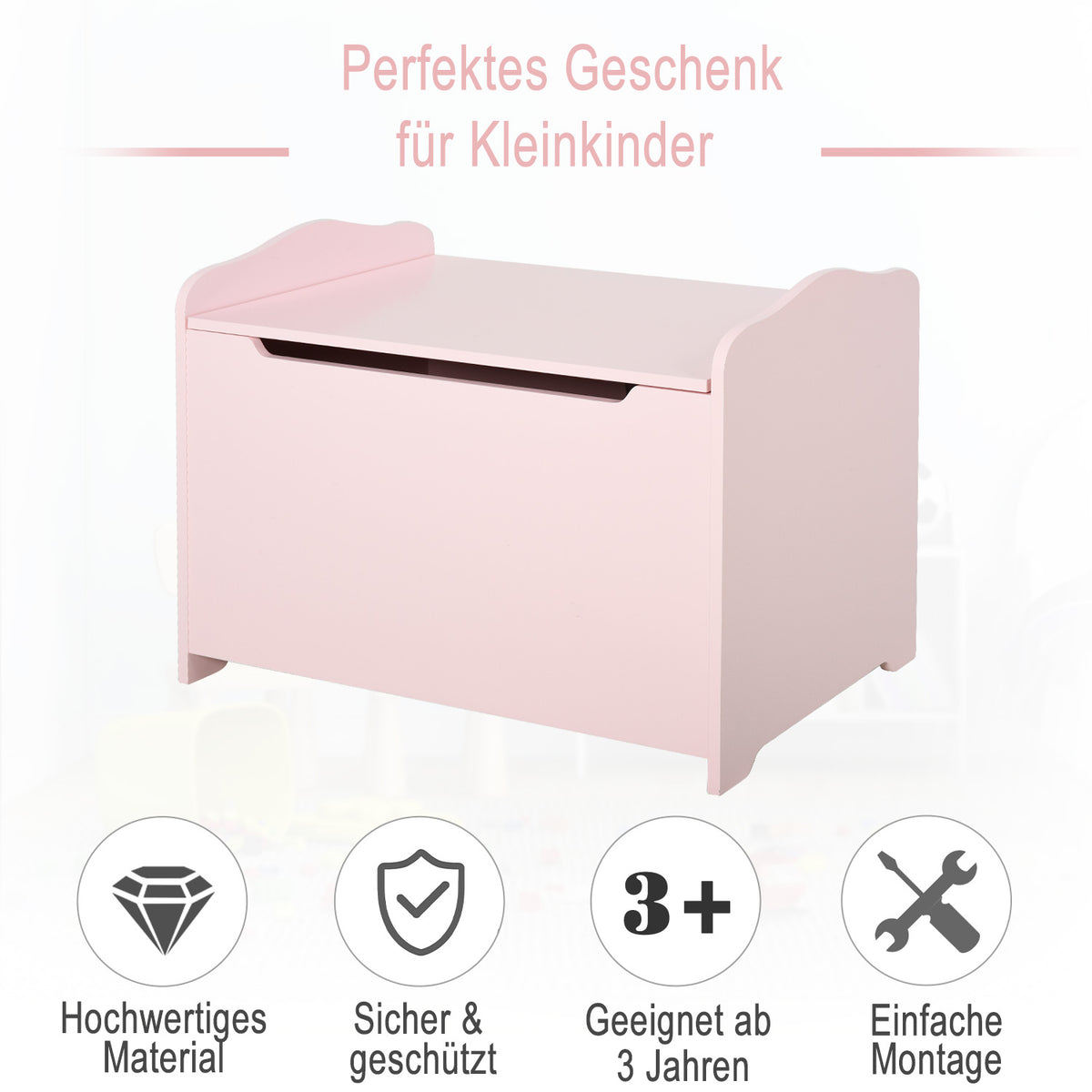 HOMCOM Spielzeugtruhe Kindersitzbank mit Stauraum 2-in-1 Truhenbank Spielzeugkiste Aufbewahrungstruhe 3+ Jahre Kindermöbel Rosa 60 x 30 x 50 cm