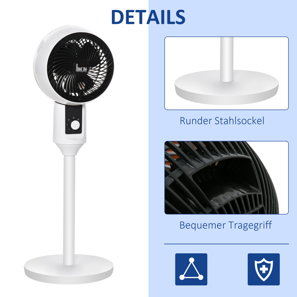 HOMCOM Standventilator Ventilator Lüfter 3 Geschwindigkeitsstufen Luftzirkulator Umluftventilator Verstellbarer 70° Oszillation Kunststoff Stahl Ø28 x 80H cm