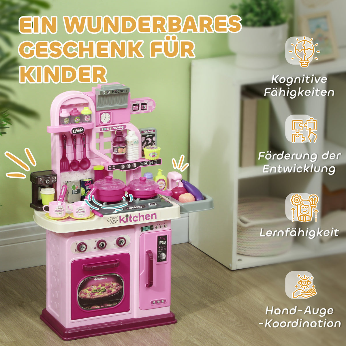 AIYAPLAY Spielküche, 33-teiliges Set, Licht- & Soundeffekte, für Kinder 3-6 Jahre, Pink