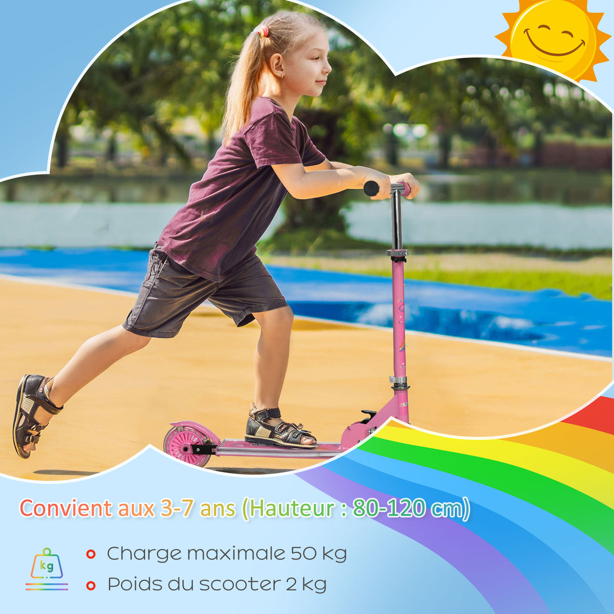 HOMCOM Kinderroller für Kinder von 3 bis 7 Jahren klappbar mit leuchtenden PU-Rädern Musik 67 x 32 x 78 cm Rosa