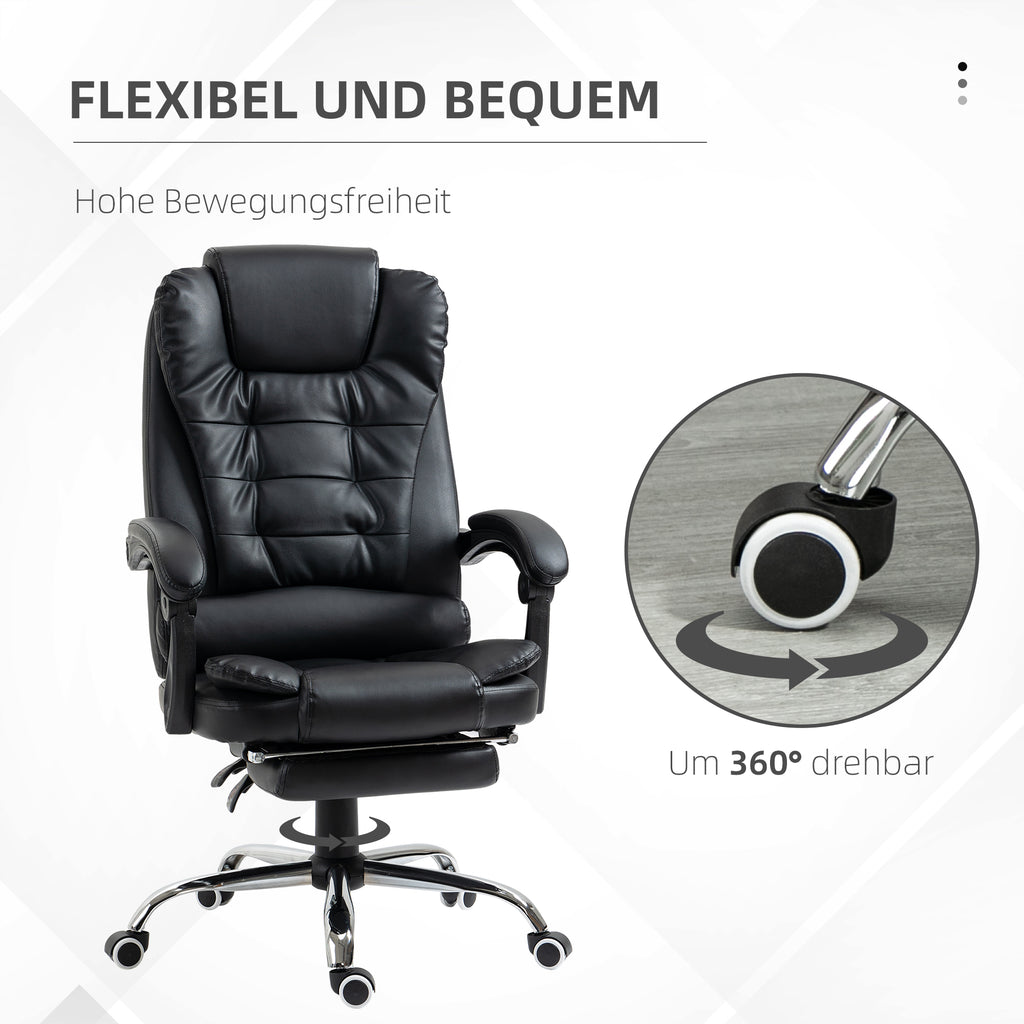 HOMCOM Bürostuhl mit Fußstütze, Schreibtischstuhl, verstellbare Rückenlehne, höhenverstellbar, Schwarz