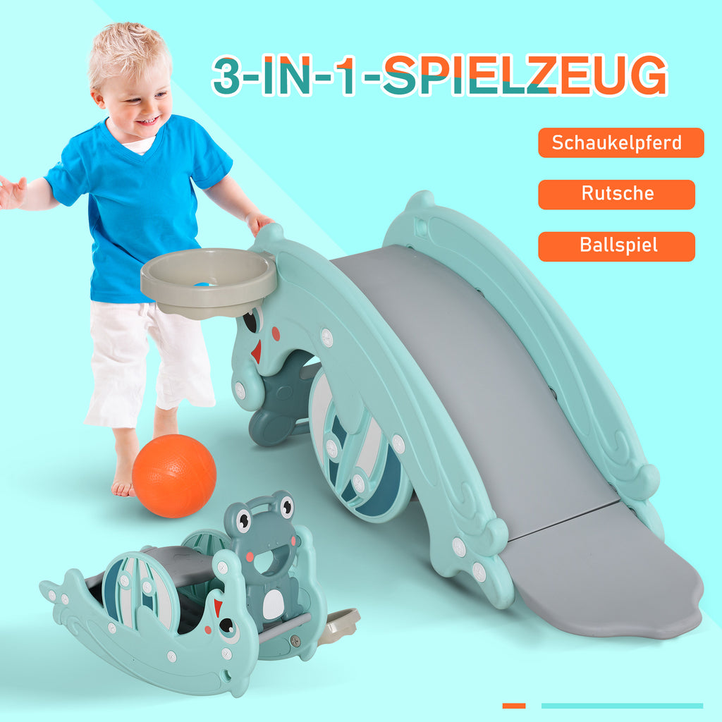 HOMCOM 3-in-1 Kinder Schaukelpferd Kinderrutsche Schaukeltier mit Basketballkorb für 3-5 Jahre HDPE Grün 72 x 34 x47 cm