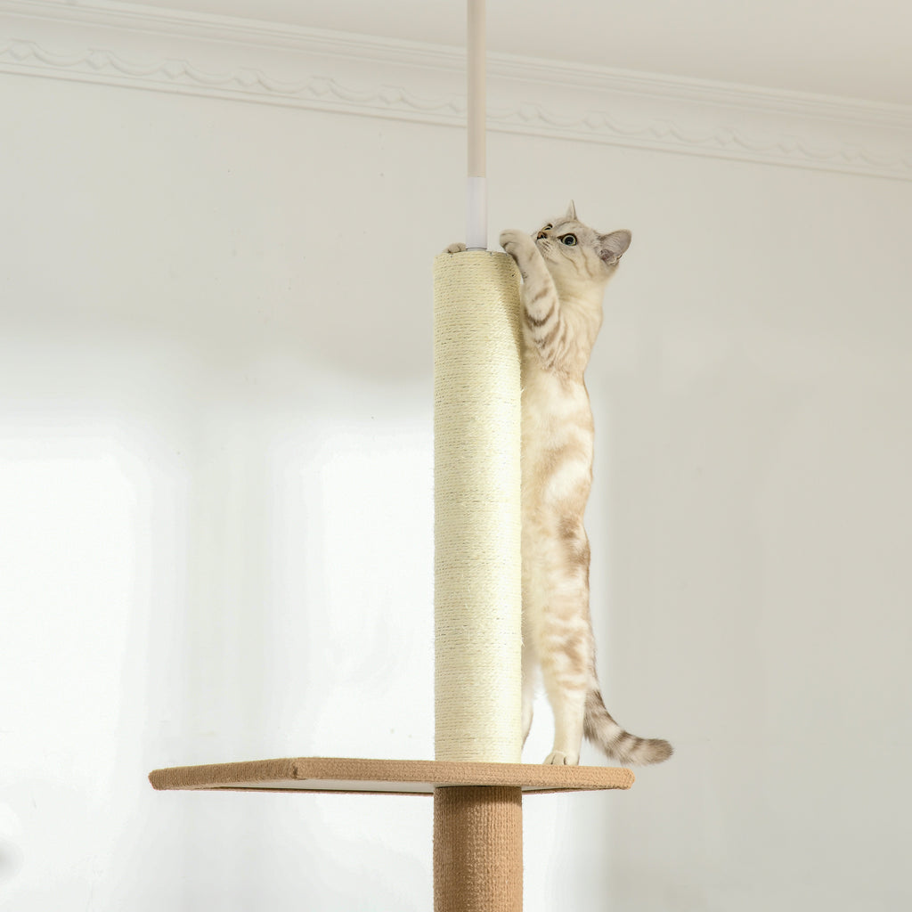 PawHut Kratzbaum Deckenhoch, 228-260 cm Höhenverstellbarer Katzenbaum Kletterbaum für Katzen mit 3 Ebenen, Katzenkratzbaum, Spielbaum vom Boden bis zur Decke Khaki