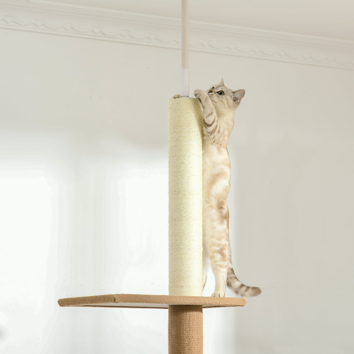 PawHut Kratzbaum Deckenhoch, 228-260 cm Höhenverstellbarer Katzenbaum Kletterbaum für Katzen mit 3 Ebenen, Katzenkratzbaum, Spielbaum vom Boden bis zur Decke Khaki
