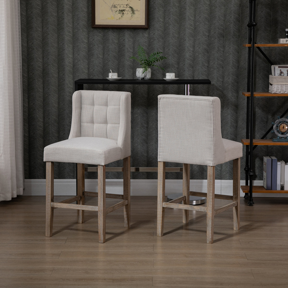 HOMCOM 2er-Set Barhocker mit lehne Barstühle mit Knopfheftung, Massivholz, inkl. Fußstütze, 47 cm x 50 cm x 101 cm, Grau + Natur