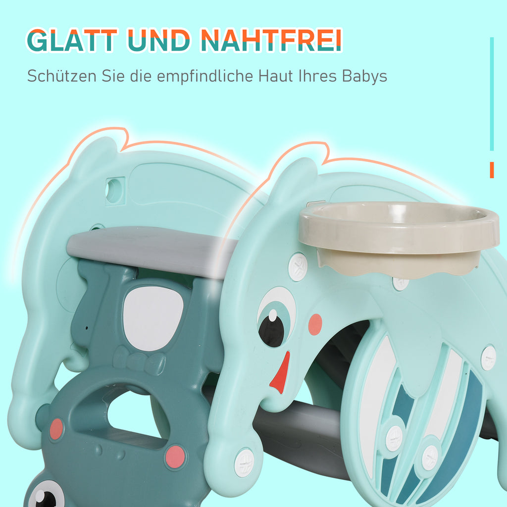HOMCOM 3-in-1 Kinder Schaukelpferd Kinderrutsche Schaukeltier mit Basketballkorb für 3-5 Jahre HDPE Grün 72 x 34 x47 cm