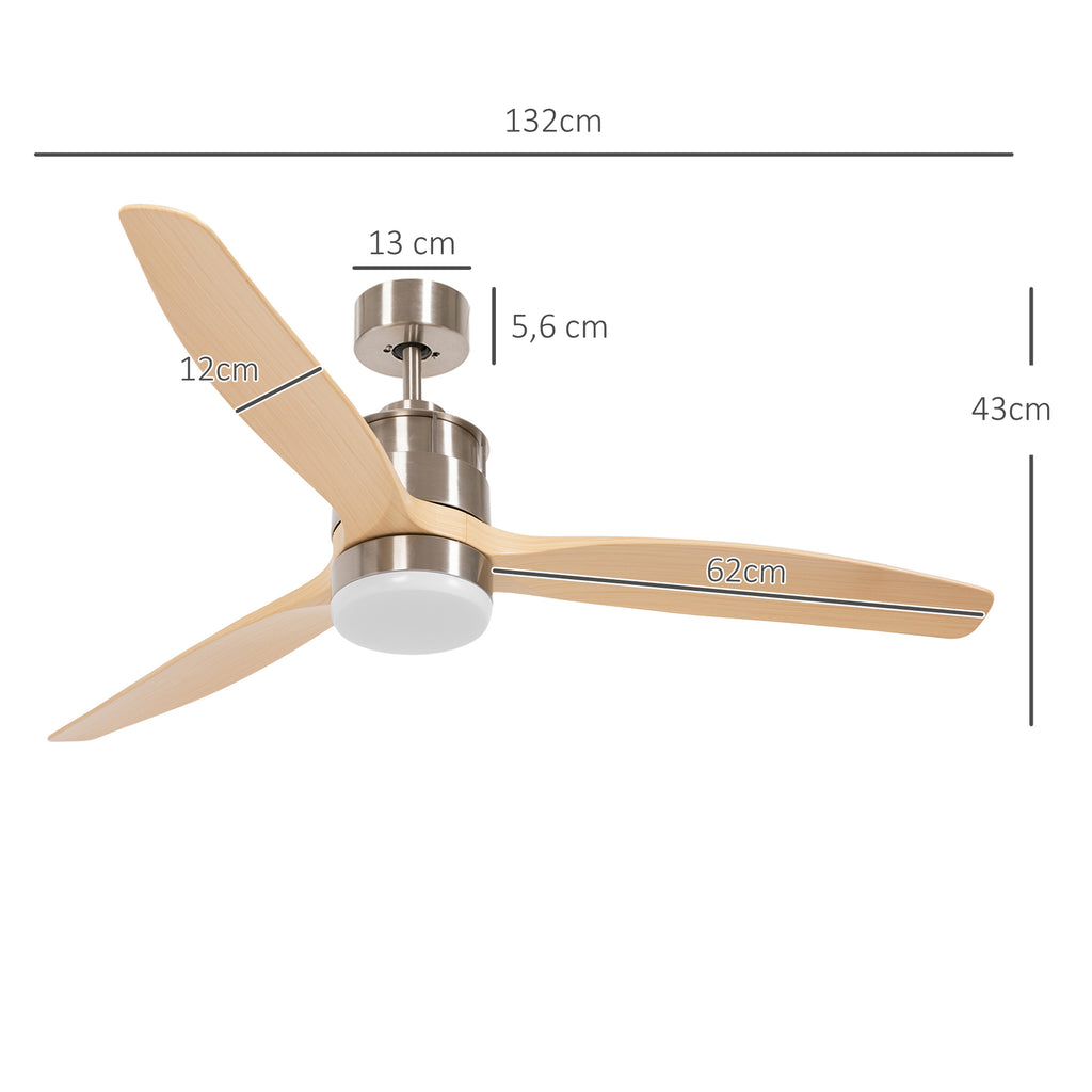 HOMCOM Deckenventilator, umkehrbar, mit LED-Licht, 6 Geschwindigkeiten, leise - Fernbedienung - Durchmesser 132 cm, natur