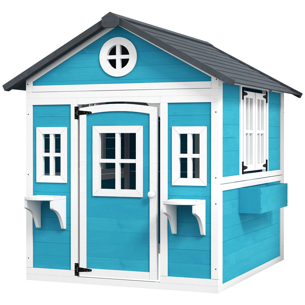 Outsunny Kinderspielhaus, Holz-Spielhaus für Kinder, Outdoor-Gartenspielhaus mit Fenstern, Blumentöpfe, 3-8 Jahre, Blau