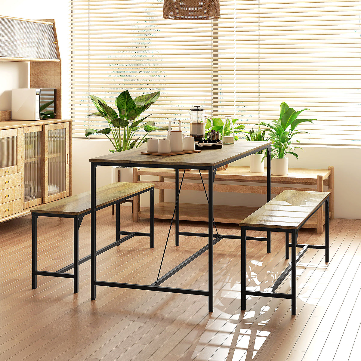 HOMCOM Essgarnitur, Tisch & 2 Bänke, Industrial Design, Stahlrahmen, Holzdekor/Schwarz
