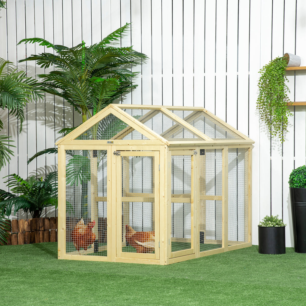PawHut Hühnerstall aus Holz mit Drahtgitter 140 x 88,5 x 106 cm Natur