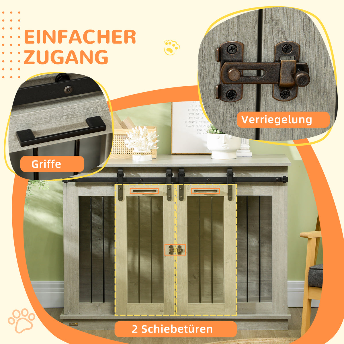 PawHut Hundekäfig mit 2 Türen, Hundebox, Transportbox für Hunde, rustikales Design, verriegelbar, Grau