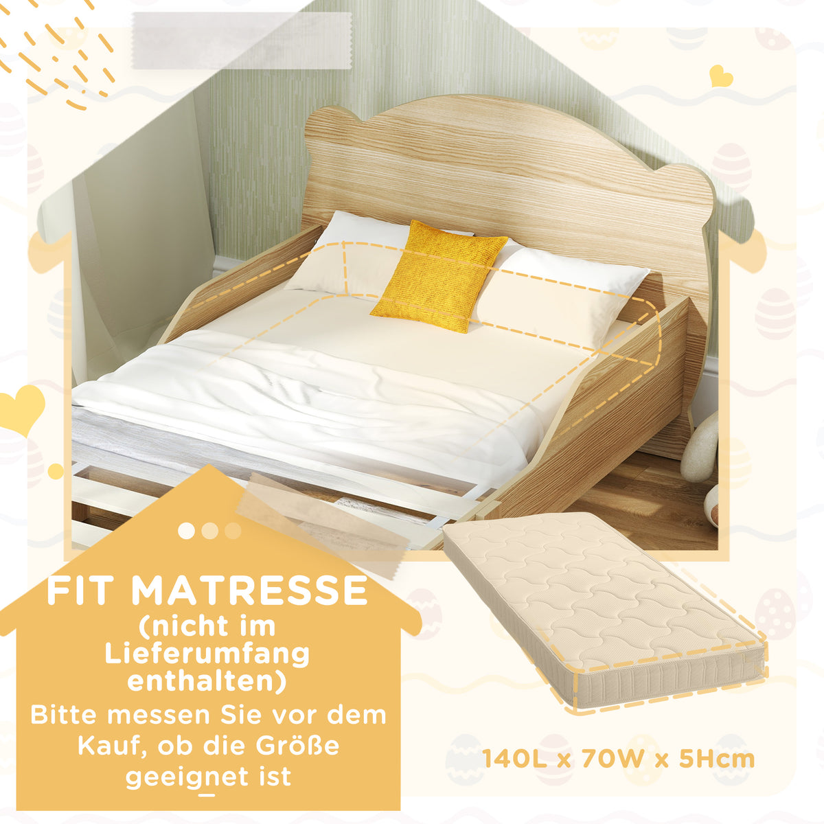 AIYAPLAY Kinderbett Jugendbett Hausbett mit Bären-Design Spielbett für 3-6Jahre Kinder 143,5 x 80 x 55 cm Naturholz
