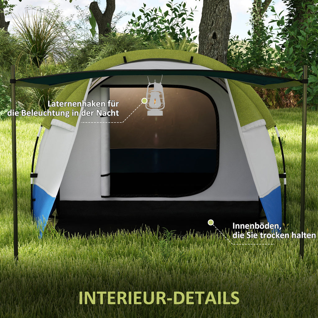 Outsunny Campingzelt, für 3 Personen, Laternenhaken, drei Eingänge, wasserdicht, Grün