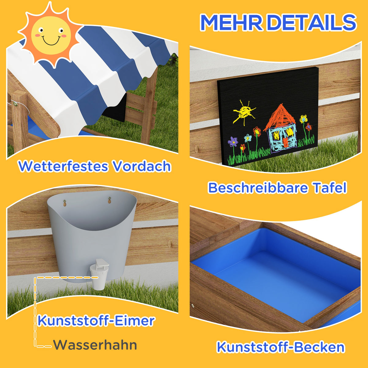 Outsunny Sandkasten mit Sonnenschutz, Spielhaus-Design, mit Spielzeug-Set, behandeltes Massivholz, 124 x 116 x 146 cm, Braun