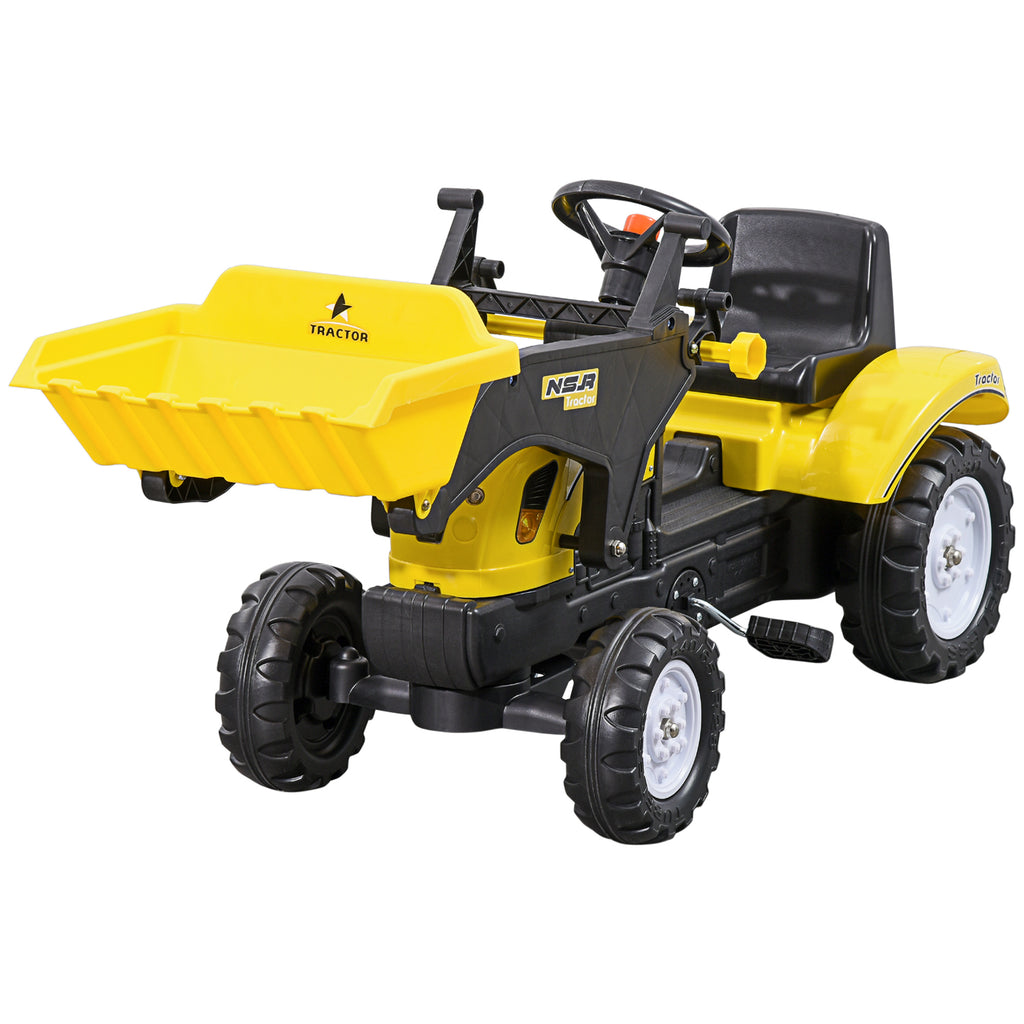 HOMCOM Kinder-Radlader, bewegliche Schaufel, Hupe, Pedalantrieb, ab 3 Jahren, Metallrahmen, gelb, 114 x 41 x 52 cm