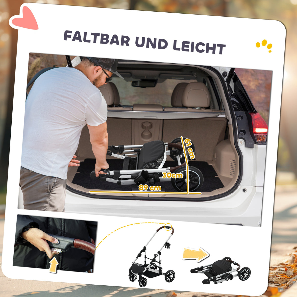 PawHut Hundewagen 3 in 1 Hundebuggy klappbar für Katzen bis 10 kg Katzenbuggy mit Kissen Becherhalter Hellgrau