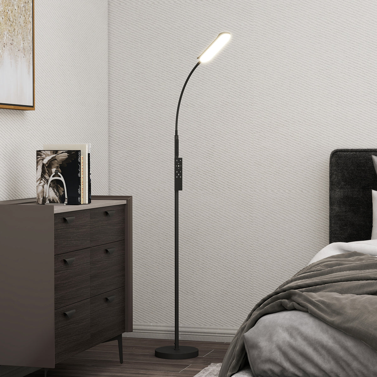HOMCOM LED-Stehlampe, 5 Modi, Speicherfunktion, verstellbare Helligkeit, Stahl, Schwarz