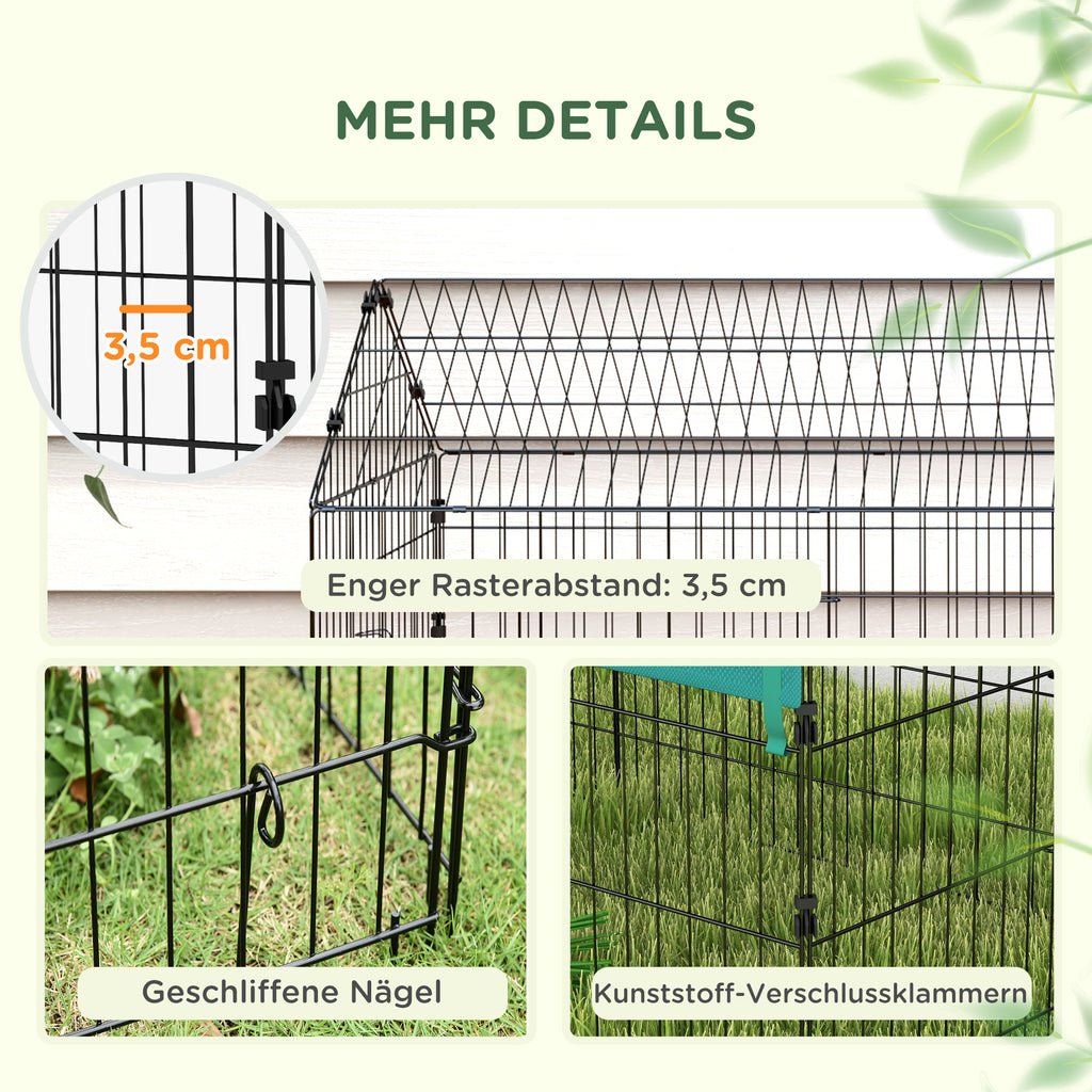 PawHut Kleintiergehege mit Dach, 4 Türen, wetterfest, Stahl/Polyester, 220x85x103cm, Grün/Schwarz