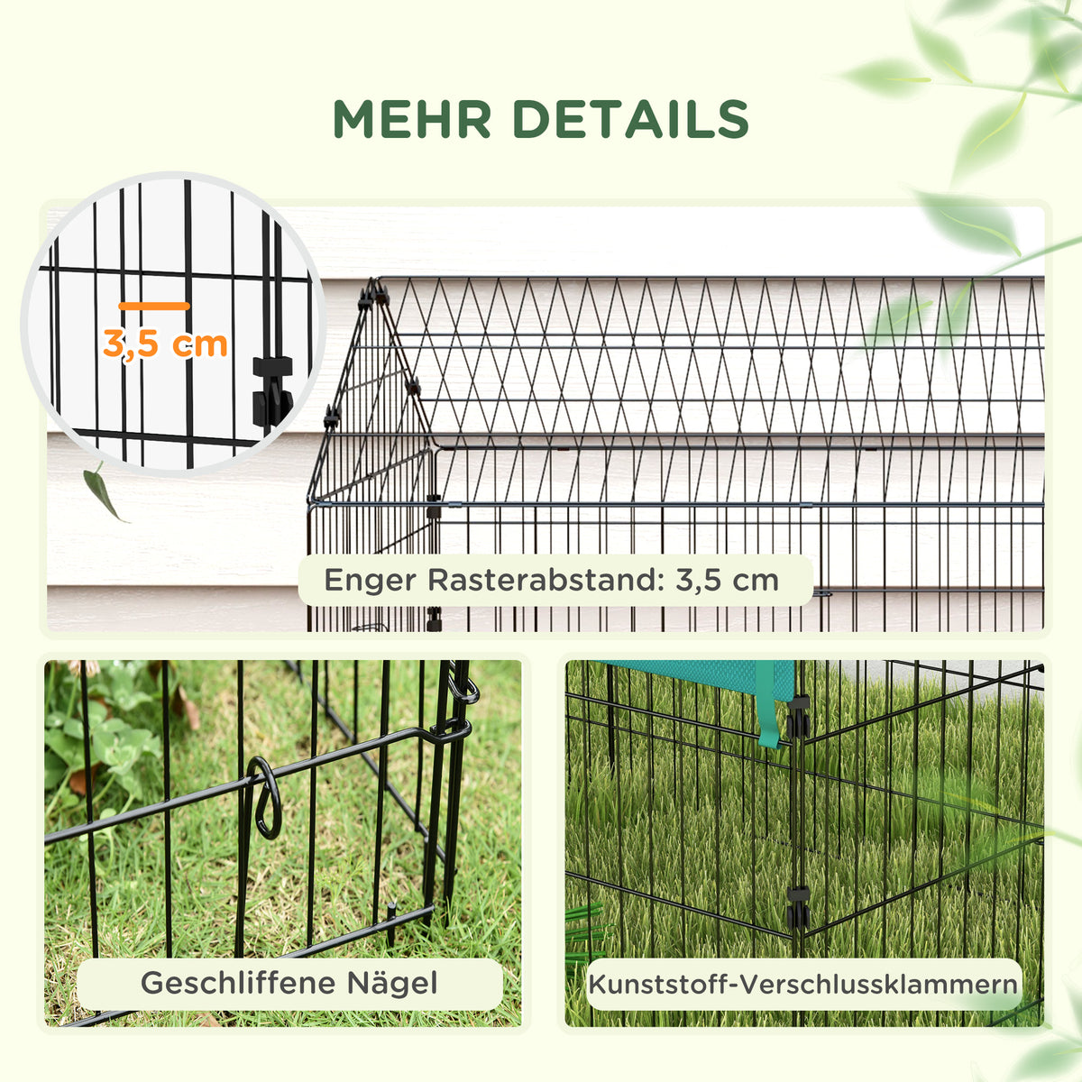 PawHut Kleintiergehege mit Dach, 4 Türen, wetterfest, Stahl/Polyester, 220x85x103cm, Grün/Schwarz