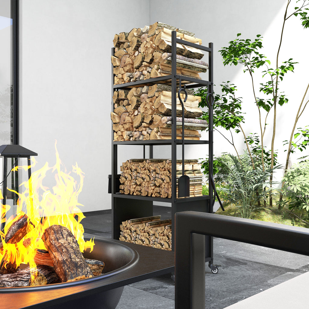 Outsunny 4-Ebenen-Feuerholzregal mit Rädern und 4 Werkzeugen, Brennholzregal aus Metall für den Innen- und Außenbereich, Schwarz