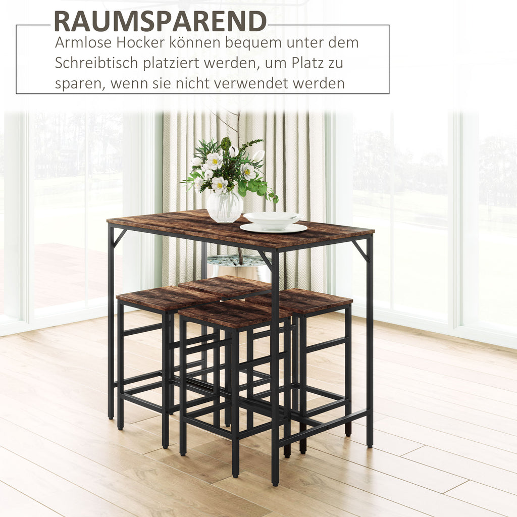HOMCOM 5-teiliges Bartisch Set Bartisch mit Barhocker-Set Esstisch mit 4 Stühlen Küchentisch für Esszimmer, Küche, Rustikal-Braun+Schwarz