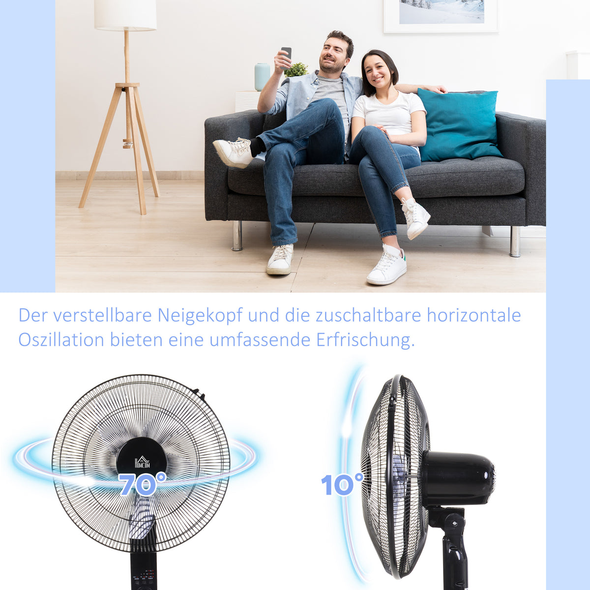 HOMCOM Standventilator mit Fernbedienung, Ventilator, Höhenverstellbarer Lüfter, 3 Geschwindigkeitsstufen, Verstellbarer Neigungswinkel, Metall, Schwarz, Ø44,5 x H110-124 cm