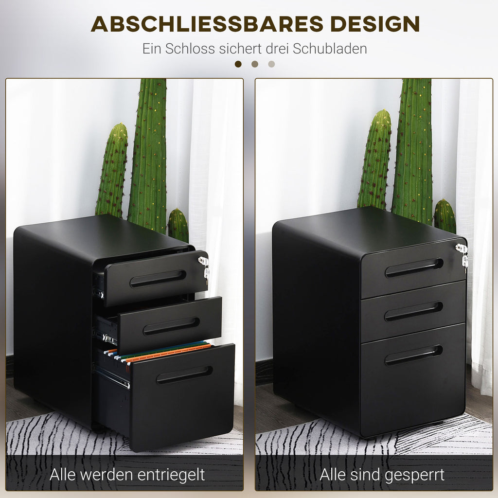 Vinsetto Rollcontainer, mobiler Aktenschrank mit 3 Schubladen, abschließbarer Büroschrank mit Hängeregistratur, Aufbewahrung, Stahl, 39 x 48 x 59 cm Schwarz