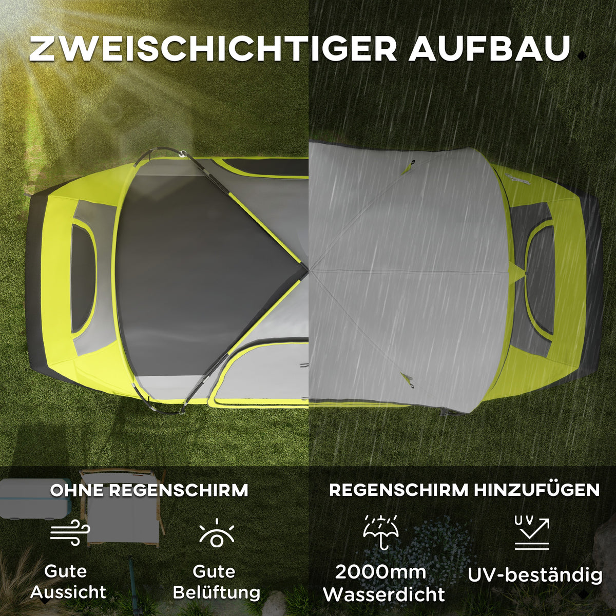 Outsunny Campingzelt, 2 Räume, Trennwand, für 6-8 Personen, Regenschutz, Dunkelgrün