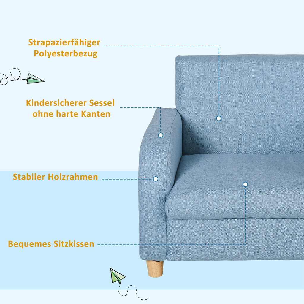 HOMCOM Kindersessel Kindersofa mit dickem Schaumstoff und dicken Sitzkissen Kindercouch Stuhl Liegesofa mit Anti-Rutsch-Füßen für 3-5 Jahre Kinder Holz Leinen Schaumstoff Blau 49x45x44,5 cm