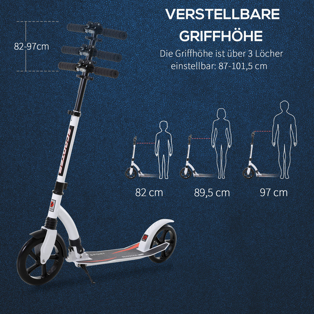 HOMCOM Kinderscooter, Kickscooter mit Stoßdämpfung, Tretroller, Klappbar und Höheverstellbar, ab 14 Jahren, Aluminium, Weiß, 92,5 x 37,5 x 82-97 cm
