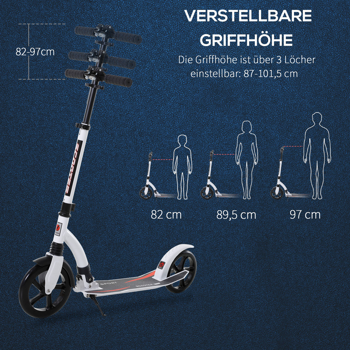 HOMCOM Kinderscooter, Kickscooter mit Stoßdämpfung, Tretroller, Klappbar und Höheverstellbar, ab 14 Jahren, Aluminium, Weiß, 92,5 x 37,5 x 82-97 cm