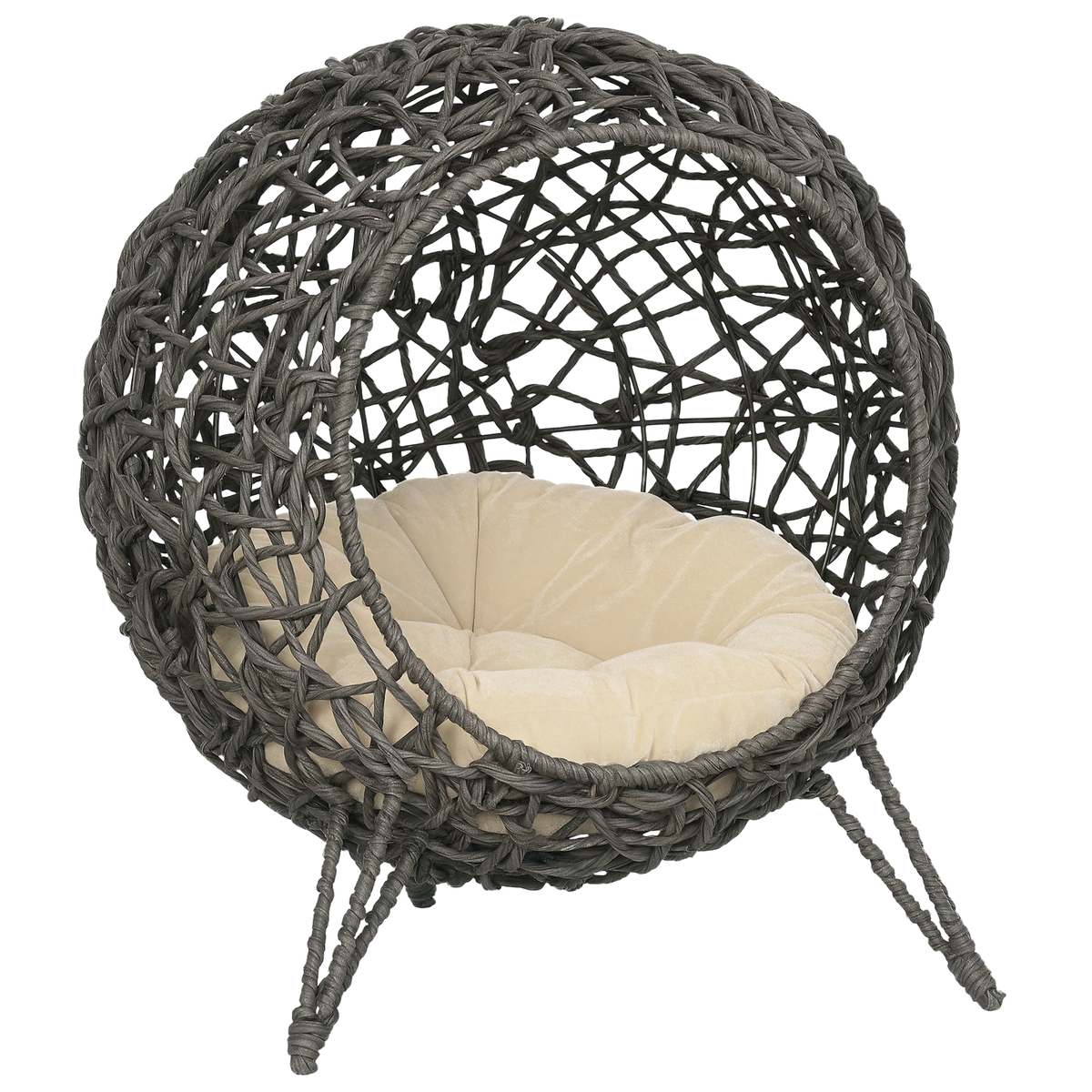 PawHut Katzenhaus aus Rattan mit Kissen Katzenschlafplatz Katzenhöhle mit erhöhten Füßen Silbergrau Ø52 x 58 cm