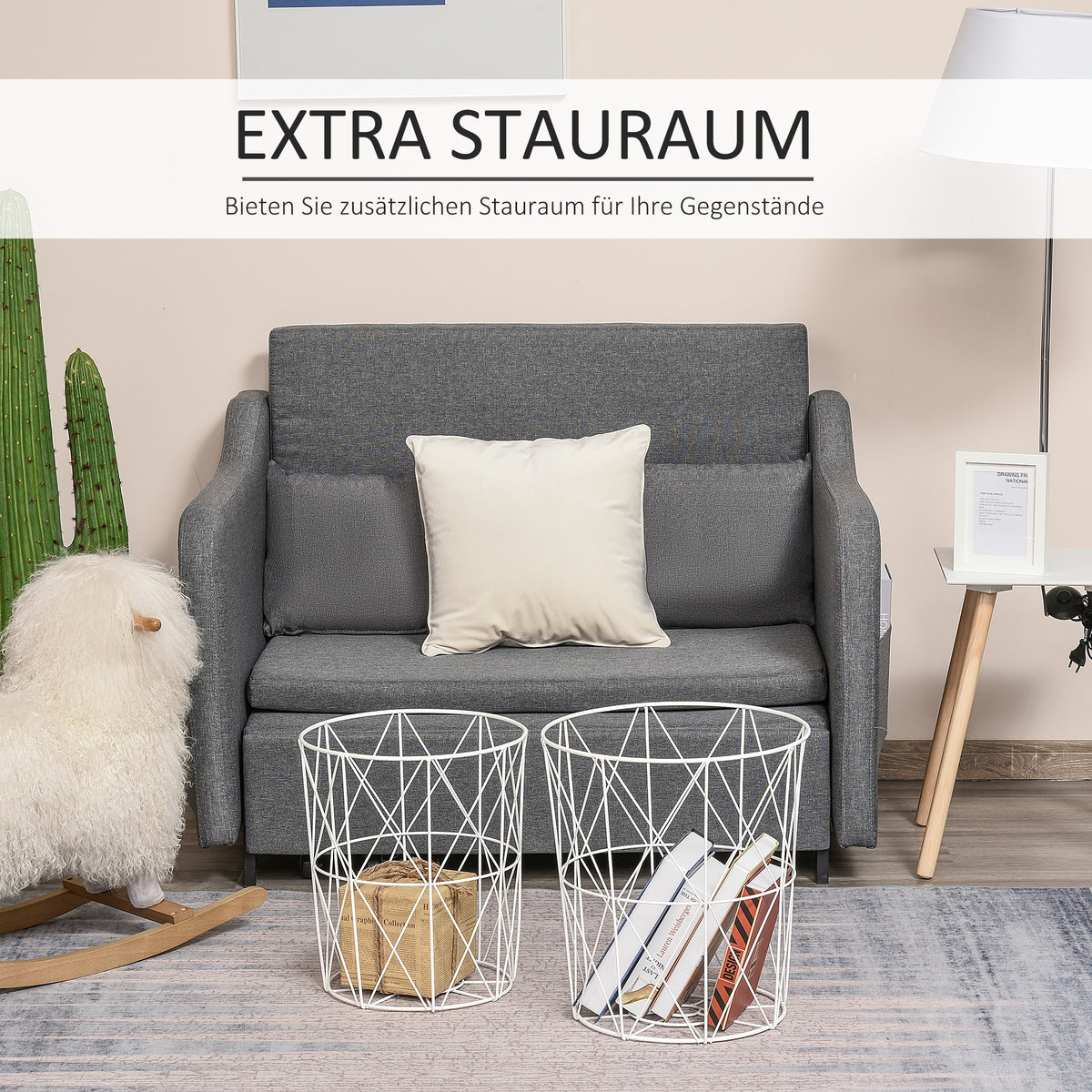 HOMCOM Couchtisch Rund 2er Set stapelbar Wohnzimmertisch Beistelltisch mit abnehmbaren Deckel Satztisch Kaffeetisch mit Metallgestell für Wohnzimmer Natur+Weiß
